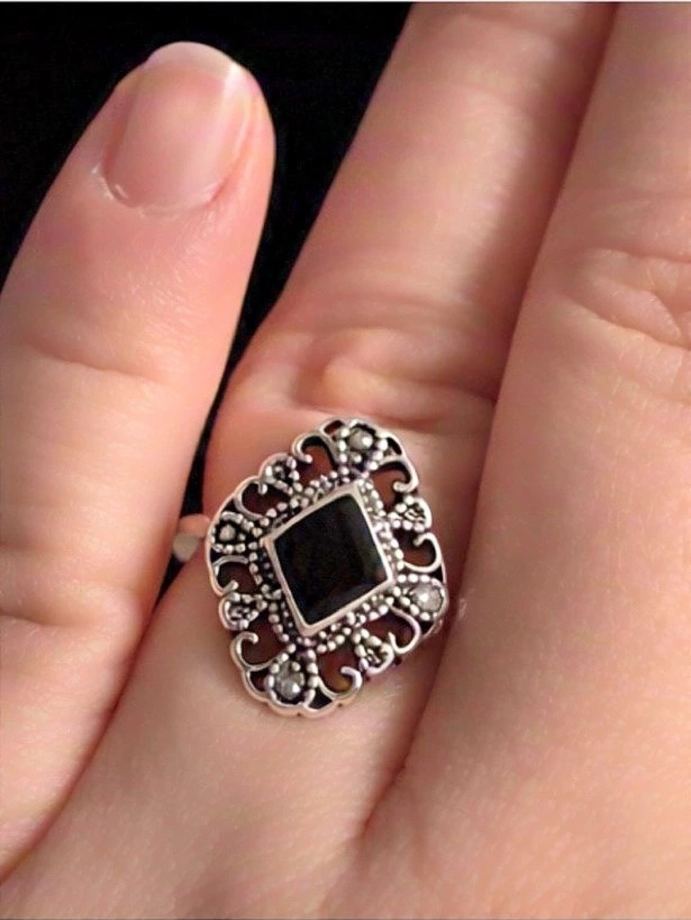 Midnight Filigree Vintage-Inspired Onyx Statement Ring Size 8